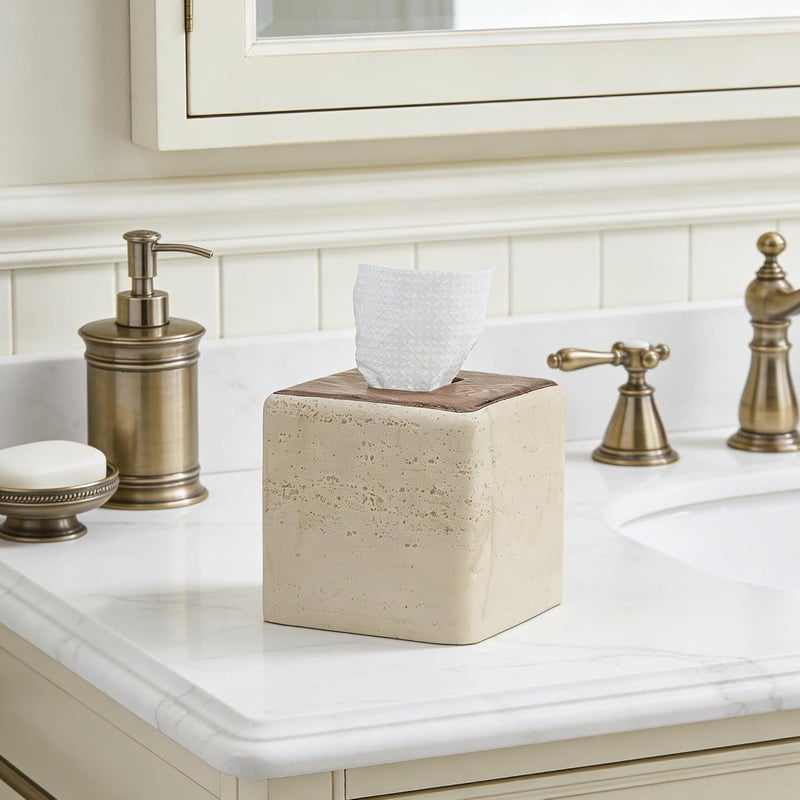 Polytree Natural Travertine & Wood Textures Tissue Box Cover Square for Home Decor,Resin Heavy Tissue Box Holder for Bathroom Countertop,Tabletop,Bedside Table,Office (Handmade of Resin) - Image 2